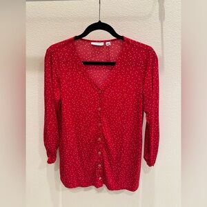 Susan Graver Red Polka Dot Button-Up Blouse size small